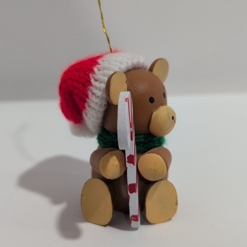 Vintage 1984 Dakin Teddy Bear Christmas Ornament Candy Cane Green Scarf - Picture 2 of 4